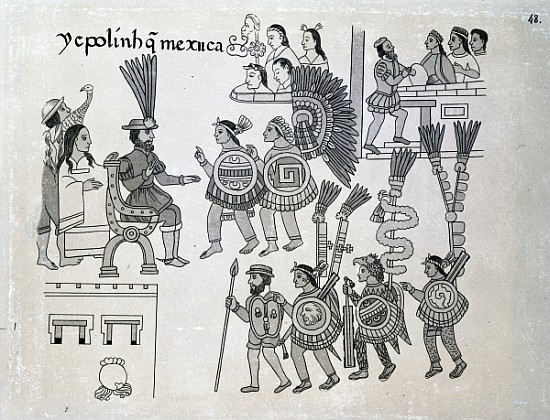 The last Aztec Emperor Cuauhtemoc surrenders, plate from ''Antiguedades Mexicanas'' de Alfredo Chavero 1892Spanish School