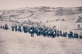 French infantry advancing through farmland in north-eastern France (b/w photo) 