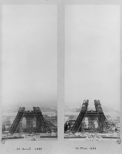 Two views of the construction of the Eiffel Tower, Paris, 10th April and 10th May 1888 (b/w photo)  de French Photographer