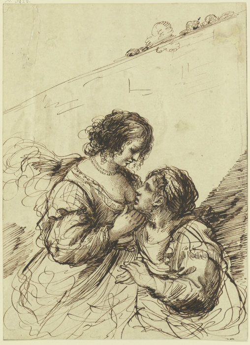 Vor einer hohen Mauer zwei Frauen einander liebkosend de Guercino (Giovanni Francesco Barbieri)