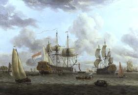 Escena de barcos holandeses en un gran estuario