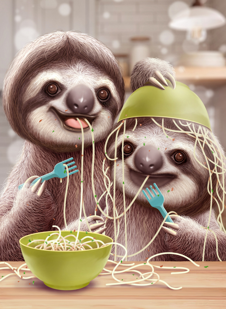 YOUNG SLOTH EATING SPAGETTI de Adam Lawless