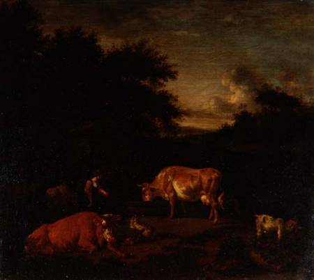 Shepherdess and a Drover with their Flocks by a Classical Fountain in a Wooded Landscape de Adriaen van de Velde