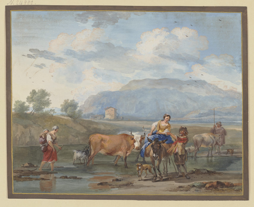 Hirten treiben Kühe durch ein Wasser, links trägt eine Frau ihr Kind auf dem Rücken, rechs reitet ei de Aert Schouman