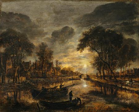 Nocturnal Canal Landscape with Fishing Boats