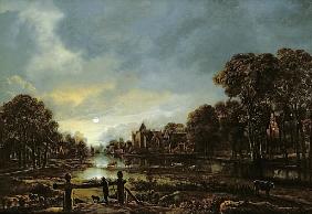 Moonlit River Landscape with Cottages on the Wooded Banks