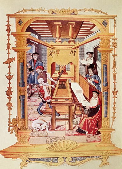 Interior of a 16th century printing works, copy of a miniature from ''Chants royaux sur la Conceptio de (after) French School