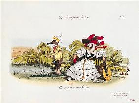 Matrimonio el Libro, caricatura de la serie ''Les Metamorphoses du Jour''; grabado por G. Langlume (