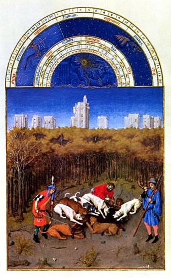 Fascimile of December: hunting wild boar, copied from ''Tres Riches Heures du Duc de Berry''  (for o de (after) Limbourg Brothers
