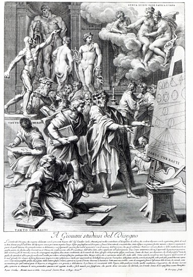 Allegory of a design studio; engraved by Nicolas Dorigny de (after) Carlo Maratti