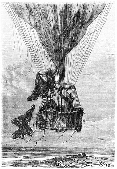 Three Men in a Gondola, illustration from ''Five Weeks in a Balloon'' Jules Verne (1828-1905) de (after) Edouard Riou
