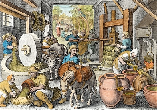 The Production of Olive Oil, plate 13 from ''Nova Reperta'' (New Discoveries) ; engraved by Philip G de (after) Jan van der (Giovanni Stradano) Straet