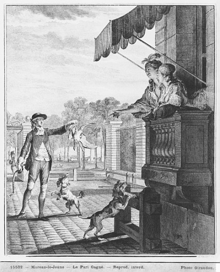 Taking up a bet; engraved by Camligue (fl.1785) c.1777 de (after) Jean Michel the Younger Moreau