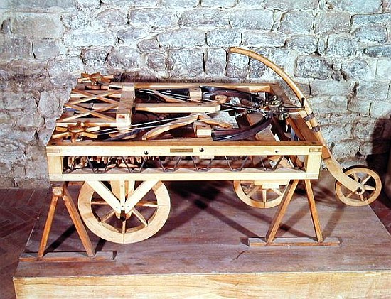 Model of a car driven springs, made from one of Leonardo''s drawings de (after) Leonardo da Vinci