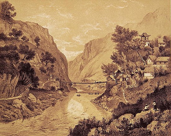 Suspension Bridge at Lao-Oua-Tan, Plate 46, from ''Exploration de l''Indochine, Vol.II''; engraved b de (after) Louis Delaporte