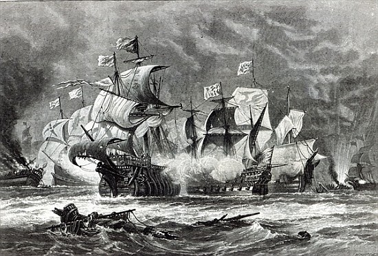 The Vanguard, under Sir William Winter, engaging the Spanish Armada, from ''Leisure Hour'' de (after) Oswald Walter Brierly