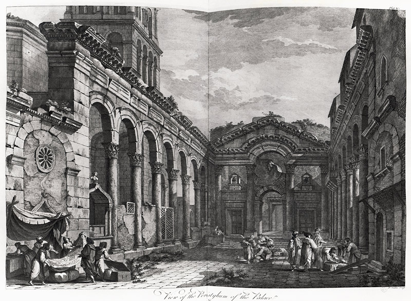 View of the peristyle of the palace of Diocletian (245-313), Roman Emperor 284-305, at Split on the  de (after) Robert Adam