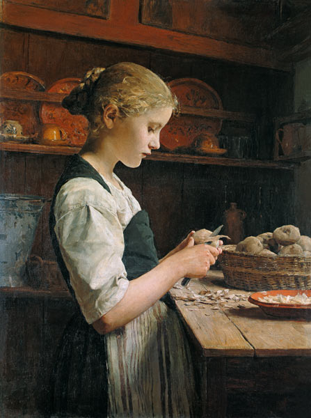 La pequeña peladora de papas - Albert Anker en reproducción impresa o copia  al óleo sobre lienzo.