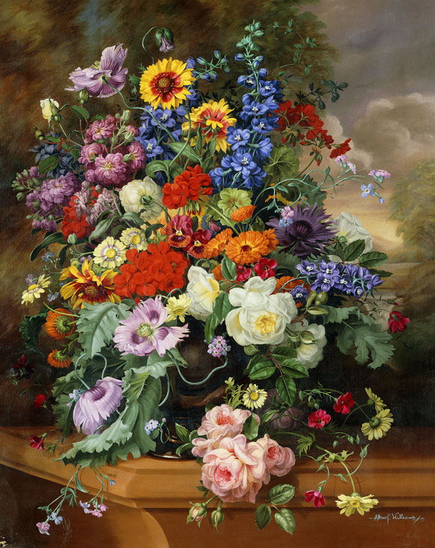 Still Life with Roses, Delphiniums, Poppies, and Marigolds on a Ledge de Albert  Williams
