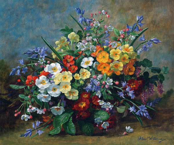 AB.130.Yellow, white and orange primulas with bluebells in a vase de Albert  Williams