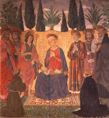 Madonna and Child with SS. Cosmas and Damian, John the Baptist, Lawrence, Julian and Anthony; kneeli de Alesso Baldovinetti