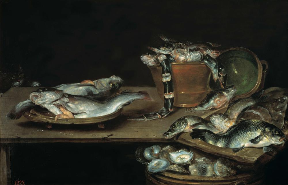 Still Life with Fish, Oysters and Cat de Alexander van Adriaenssen