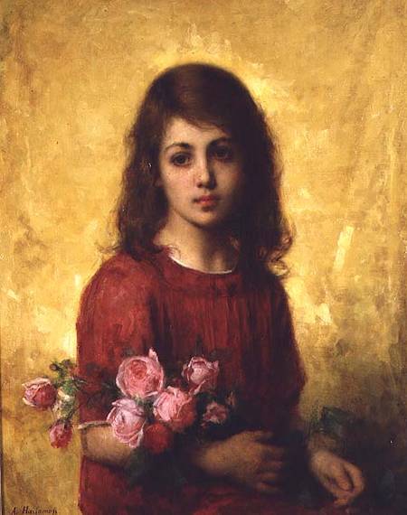 Portrait of a Young Girl holding a Bunch of Roses de Alexei Alexevich Harlamoff
