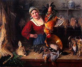 Dutch maid at a sales stand with poultry and deer