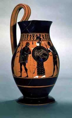 Attic black-figure olpe depicting Athena Confronting Poseidon, 6th century BC (pottery) de Amasis Painter