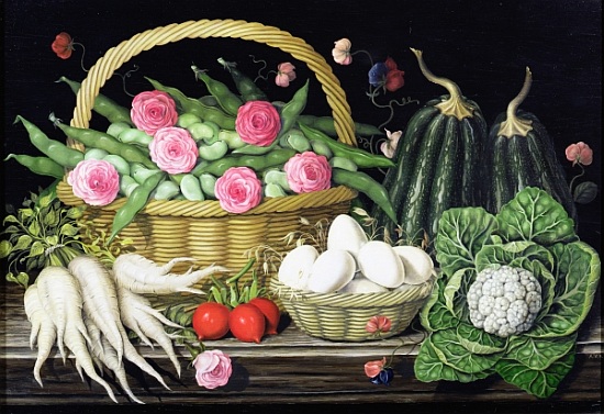 Eggs, broad beans and roses in basket de  Amelia  Kleiser