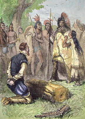 Pocahontas saves the life of John Smith (coloured engraving) de American School