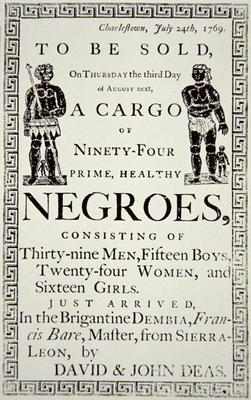 Slave Sale notice, published in Charleston, California, 24th July 1769 (print) de American School, (18th century)