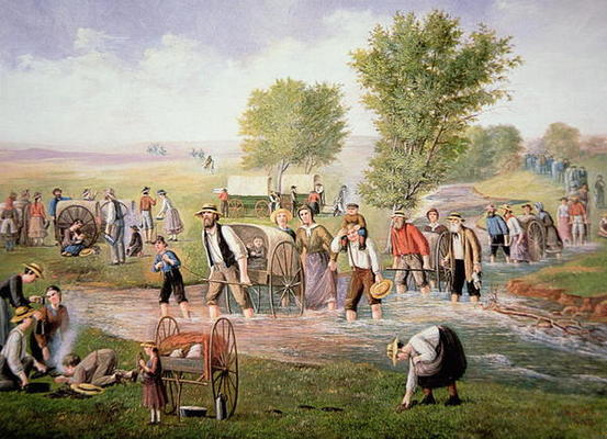 Mormon pioneers pulling handcarts on the long journey to Salt Lake City in 1856 (colour litho) de American School, (20th century)