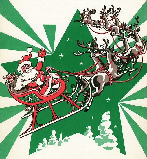 Santa Flying with His Reindeer de American School, (20th century)