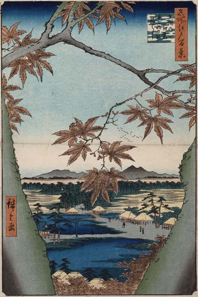 Ahornblätter, der Tekona Schrein und die Brücke. Aus der Serie: Hundert Ansichten von Sehenswürdigke de Ando oder Utagawa Hiroshige