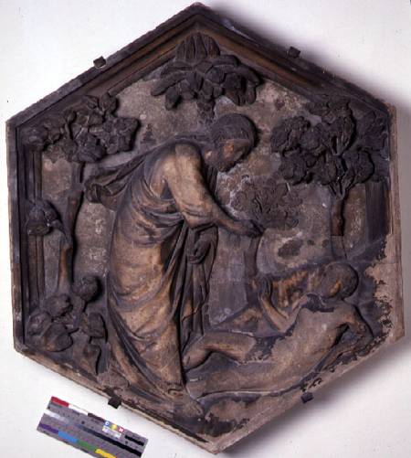 The Creation of Adam, hexagonal decorative relief tile from a series illustrating episodes from Gene de Andrea Pisano