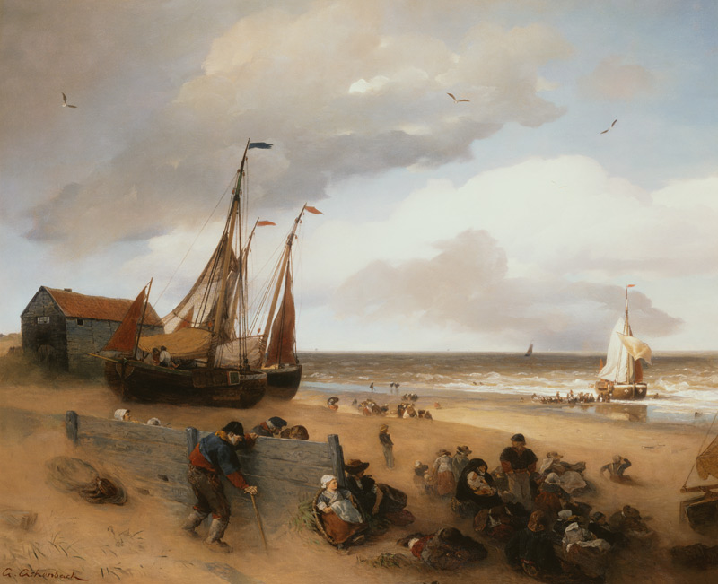 Fishing boats and fisherman people on a beach. de Andreas Achenbach