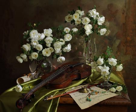 Still life with violin and flowers