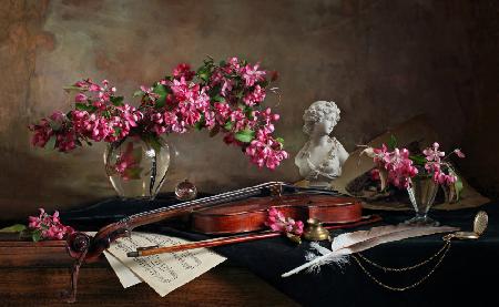 Still life with violin and flowers