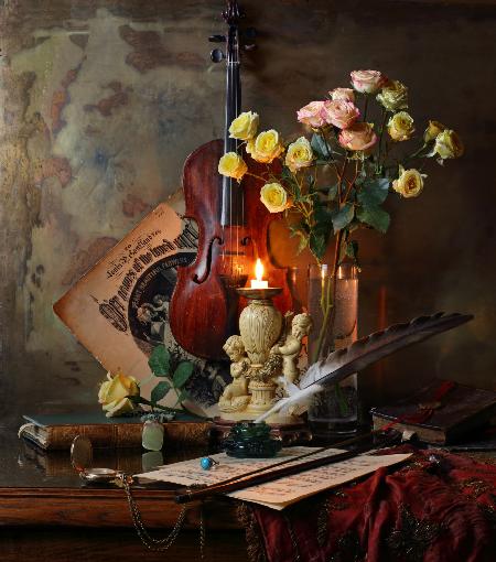 Still life with violin and flowers