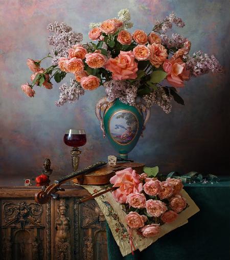 Still life with violin and roses