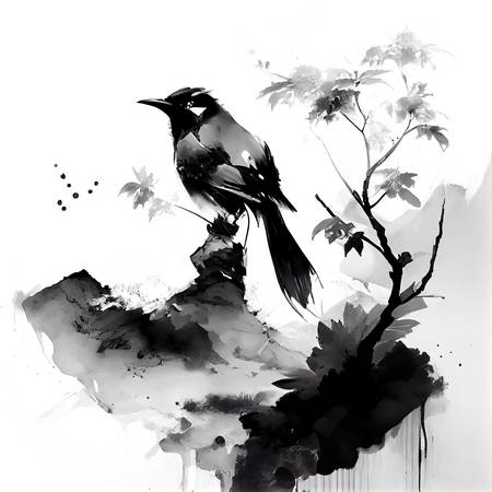 Pincel y pluma: un pájaro de tinta atrapado en el encanto de la pintura asiática