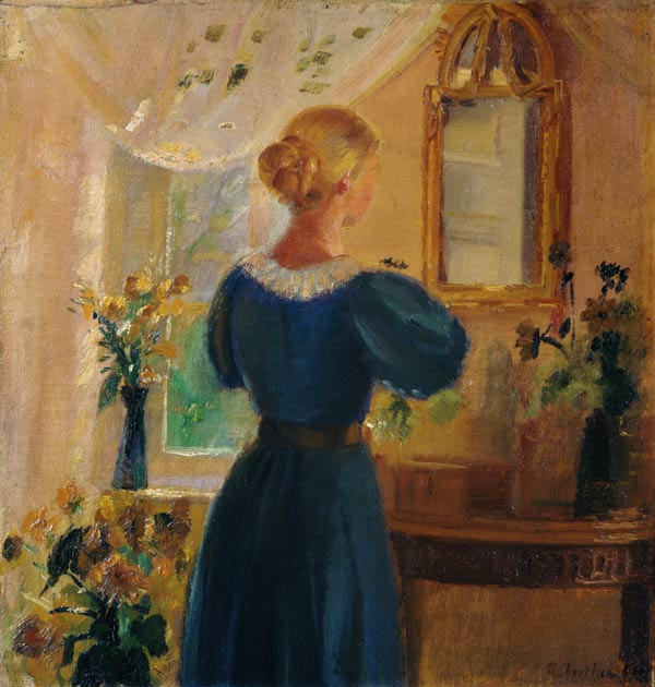 Woman in front of the mirror de Anna Ancher
