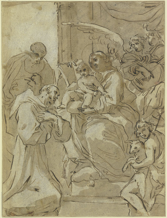 Die Madonna mit Kind zwischen Heiligen, hinter ihr musizierende Engel de Annibale Carracci