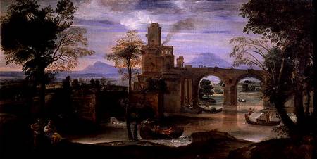 Roman Landscape with a Bridge de Annibale Carracci