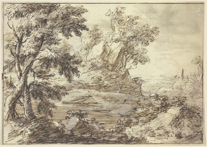 Bäume, im Vordergrund ein Fluss und Figuren, von denen eine in einem Boot steht de Anonym