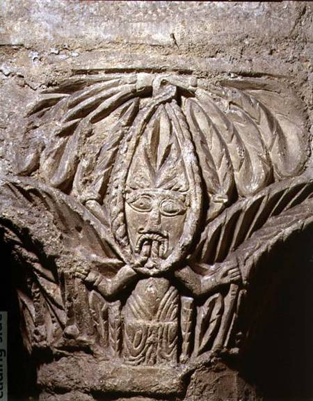 Column capital with carved decoration of a male figurefrom the crypt de Anonymous