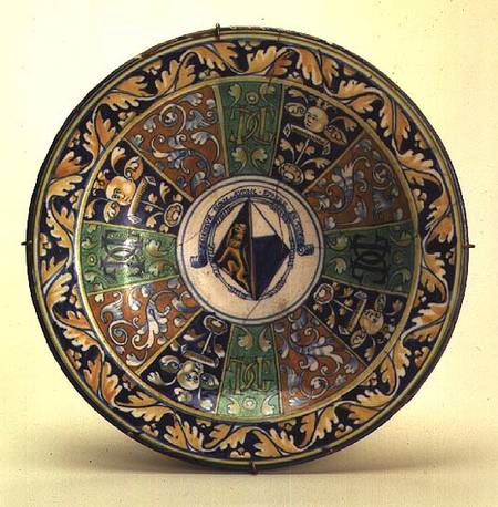 Plate, with conjugal coat of arms of a widow, from the workshop of Antoine Sigalon (1524-90),Nimes de Anonymous