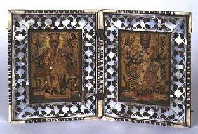 Madonna and Child and Christ Enthroned Byzantine icon with mother-of-pearl and tortoiseshell frame