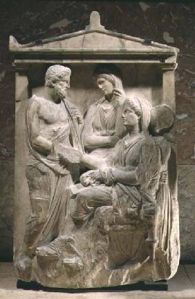 Phainippos and Mnesarete gravestone showing family reunion and hand-shake, Classical Greek